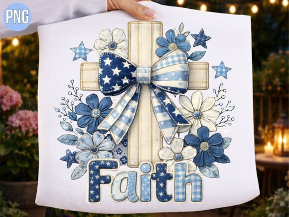 Christian Faith Blue Quilt Cross Flower T-Shirt Designs