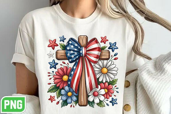 Christian Patriotic Floral Cross PNG T-Shirt Designs
