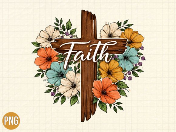 Floral Wood Cross Faith PNG for T-Shirt Designs